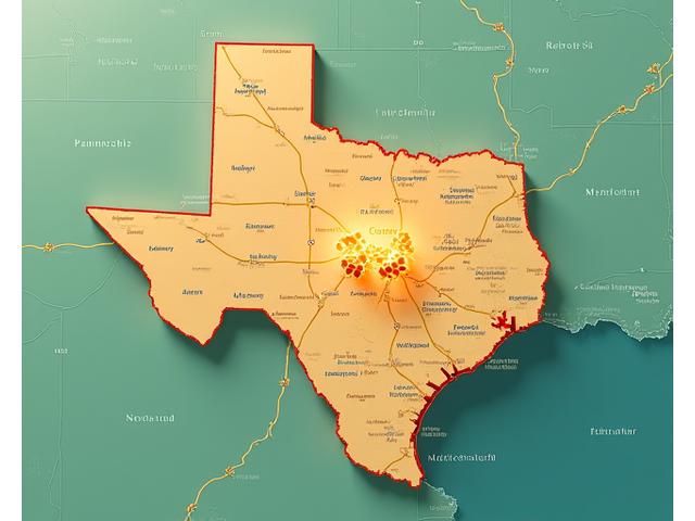 An abstract, stylized map of Austin, Texas, highlighting key areas of wellness with glowing nodes and connecting lines, overlaid with subtle, warm Texan sunlight.