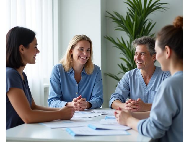 A diverse group of healthcare professionals smiling at a table, symbolizing expert moderation and trusted guidance.