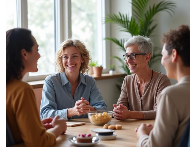Diverse group of adults smiling and interacting in a bright, modern community space, representing connection and support.