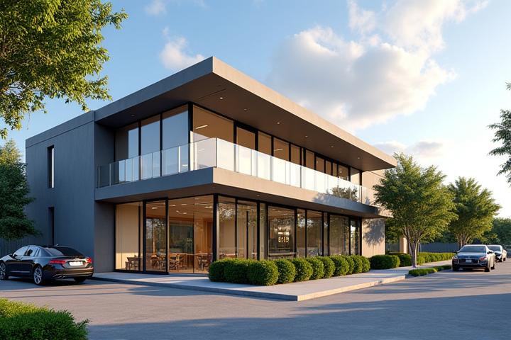 Exterior view of Wellspring Haven's modern office in Austin, surrounded by greenery.