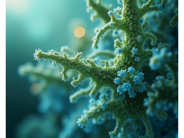 Close-up of human gut microbiome under a microscope, abstract and vibrant