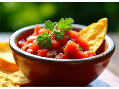 A bowl of fresh, vibrant fermented salsa with tortilla chips on a rustic outdoor table.