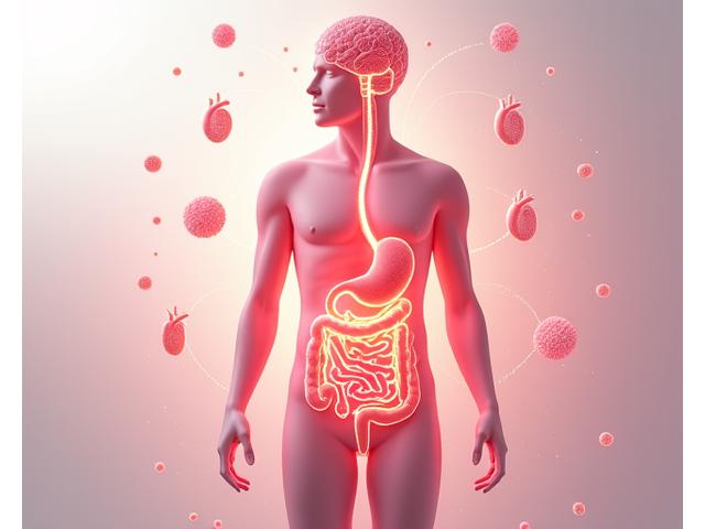 An infographic illustrating the complex connections of the human digestive system to the brain, immune system, and metabolism.