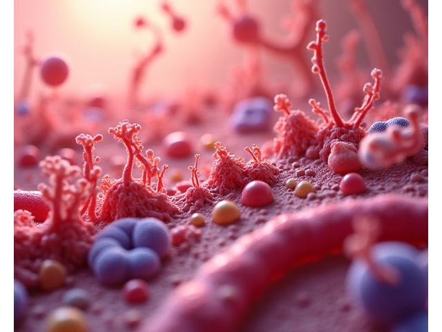 A colorful microscopic view of diverse gut bacteria within the intestinal lining, representing a healthy microbiome.