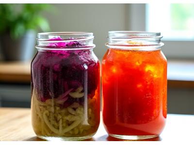 Jars of vibrant, homemade sauerkraut and kimchi with fresh cabbage and spices.