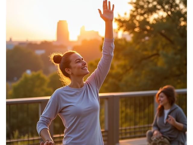 Diverse group of adults in Austin engaged in various wellness activities like yoga, healthy cooking, and mindful walking, bathed in warm natural light.