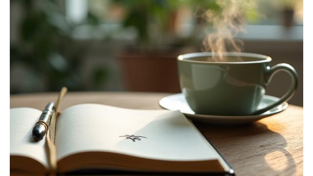 A person journaling with a calming cup of tea, representing a stress reduction challenge.