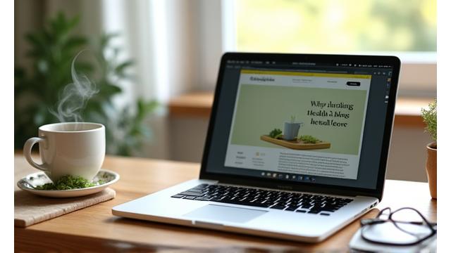 Open laptop displaying a health blog article with a cup of herbal tea and a notepad next to it, symbolizing daily insights.