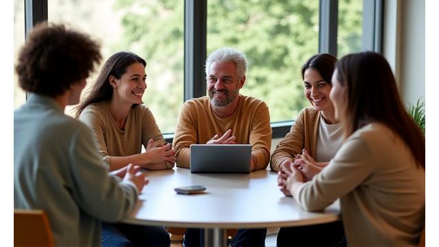 Diverse people smiling and collaborating around a table, symbolizing community support in wellness.