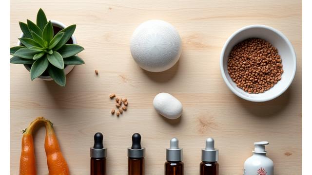A neatly arranged selection of health and wellness products like supplements bottle, natural skincare, and ergonomic tools.