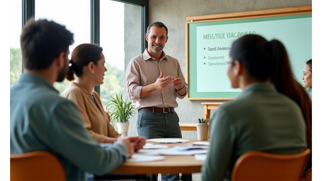 A diverse group of adults attending a wellness workshop, interacting with an expert speaker in a bright, modern setting.