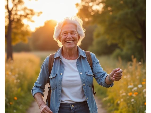 An active older adult enjoying a scenic outdoor walk, symbolizing healthy aging and vitality.