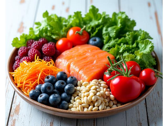 A vibrant plate of health-promoting foods like leafy greens, colorful fruits, and lean protein, symbolizing gut health and nutrition.
