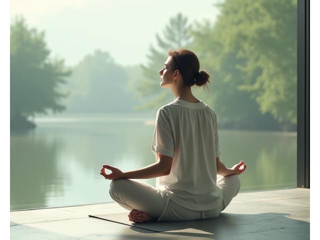 A serene person meditating in a calm, uncluttered space, symbolizing stress reduction and mindfulness.