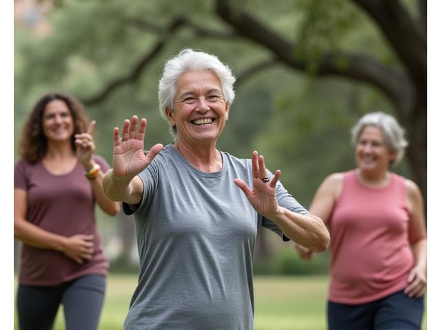 A diverse group of adults over 40 performing gentle outdoor exercises in an Austin park with mature oak trees.