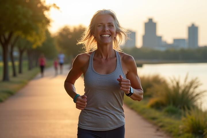 A woman in her late 40s jogging by Lady Bird Lake in Austin, looking vibrant and healthy.