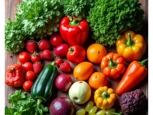 A bountiful display of fresh, colorful vegetables and fruits on a wooden table, resembling a farmer's market stall.