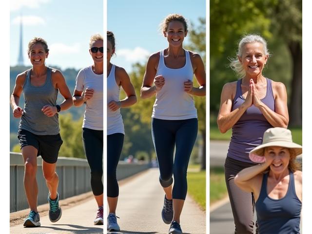 A dynamic collage showcasing diverse age groups (40s, 50s, 60s) engaging in appropriate fitness activities: a couple in their 40s power-walking along Lady Bird Lake, a woman in her 50s doing gentle yoga in a sunlit studio, and a group of seniors practicing balance exercises outdoors in an Austin park. The overall mood is energetic, inclusive, and joyful.