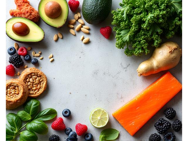A vibrant artistic flat lay of colorful anti-inflammatory foods: berries, leafy greens, nuts, turmeric, and salmon, arranged aesthetically on a rustic wooden table. Natural, soft lighting with a focus on fresh ingredients.