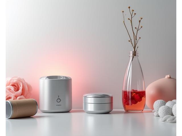 A diverse set of modern biohacking tools arranged neatly on a sleek, minimalist surface: a red light therapy panel, a wearable health tracker, a high-tech water bottle, and a small, elegant meditation cushion. The lighting is clean and bright, conveying precision and innovation.