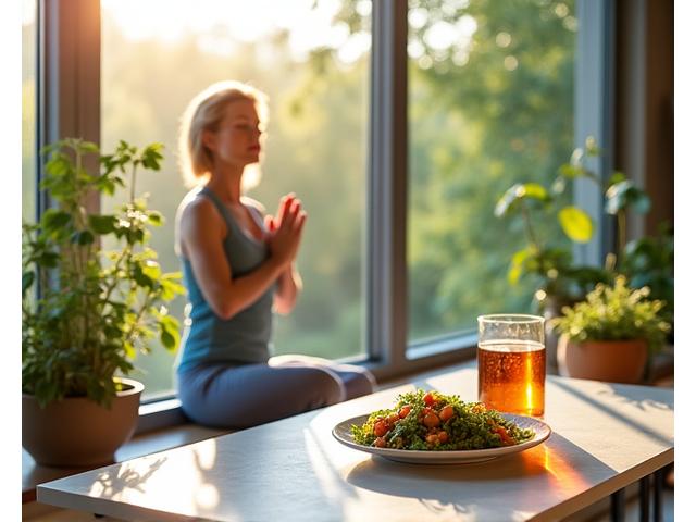 An inviting, serene scene of a balanced, holistic lifestyle: a person practices gentle yoga by a window overlooking a lush Austin greenbelt, a balanced, colorful meal is visible on a nearby table, and healthy plants adorn the room. The overall atmosphere is calming, integrated, and natural, reflecting well-being.