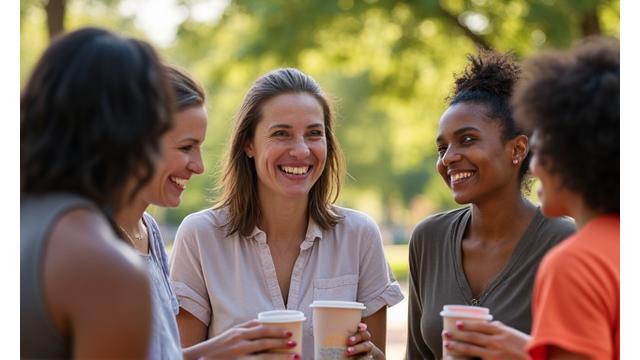 A diverse group of adults, 35+, smiling and engaged during an outdoor wellness meetup in a scenic Austin park, symbolizing local community and shared experiences.
