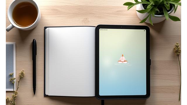 A clean, organized desk setup with a journal, a pen, a herbal tea cup, and a digital tablet displaying a meditation app, representing a stress resilience toolkit for daily use.