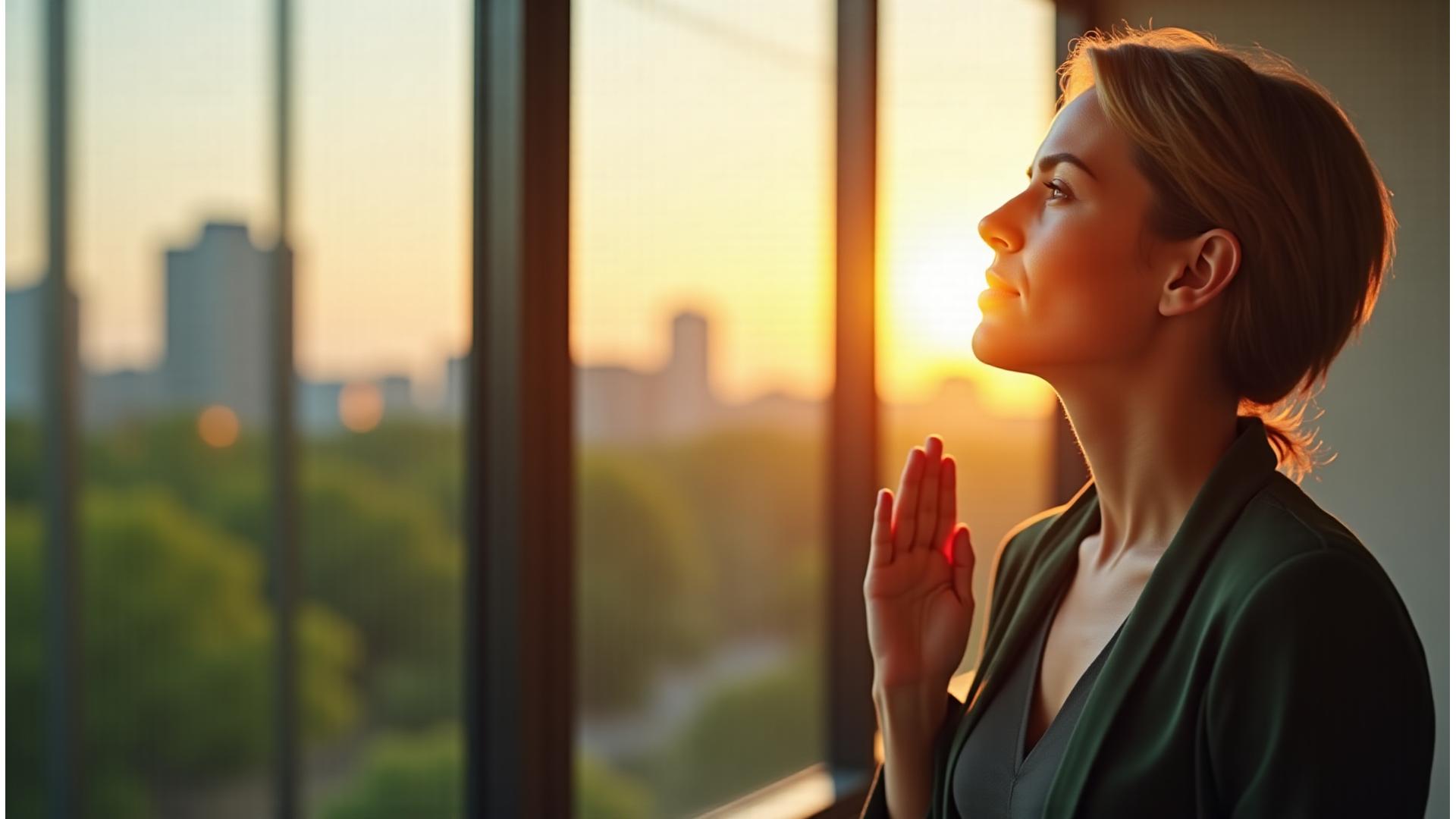 Calm professional woman practicing mindfulness in a modern, sunlit office space, conveying serenity amidst busyness.