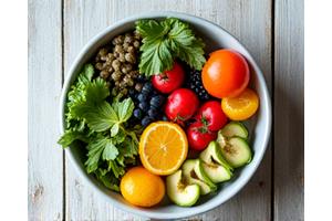 A vibrant bowl of fresh, colorful fruits and vegetables, symbolizing healthy nutrition.