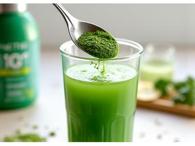 A serving of Athletic Greens AG1 powder being mixed into a glass of water, showing its vibrant green color, symbolizing nutrient density and easy energy support.