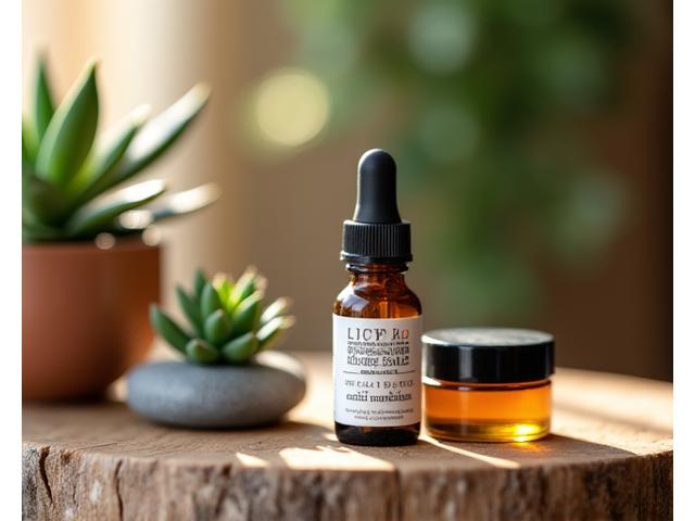 A beautifully branded local Austin CBD tincture or balm on a natural wood surface, beside a small succulent plant, conveying natural wellness and local support.