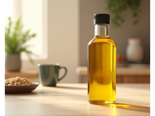 A minimalist image of Organic MCT (Medium-Chain Triglyceride) oil bottle on a kitchen counter, suggesting cognitive clarity and sustained energy, with a blurry background of a home kitchen.