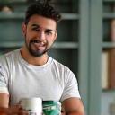 Portrait of James Rodriguez, a strong and healthy individual with a background suggestive of a gym or a scientific lab, holding a high-quality protein powder container, symbolizing his expertise in nutritional supplements.