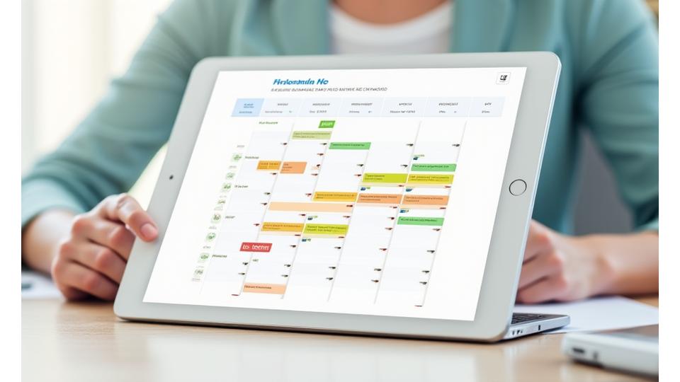 Interactive calendar interface displaying various wellness workshop categories using color-coded blocks for healthy aging, nutrition, and stress reduction. Clean, modern design with filtering options.