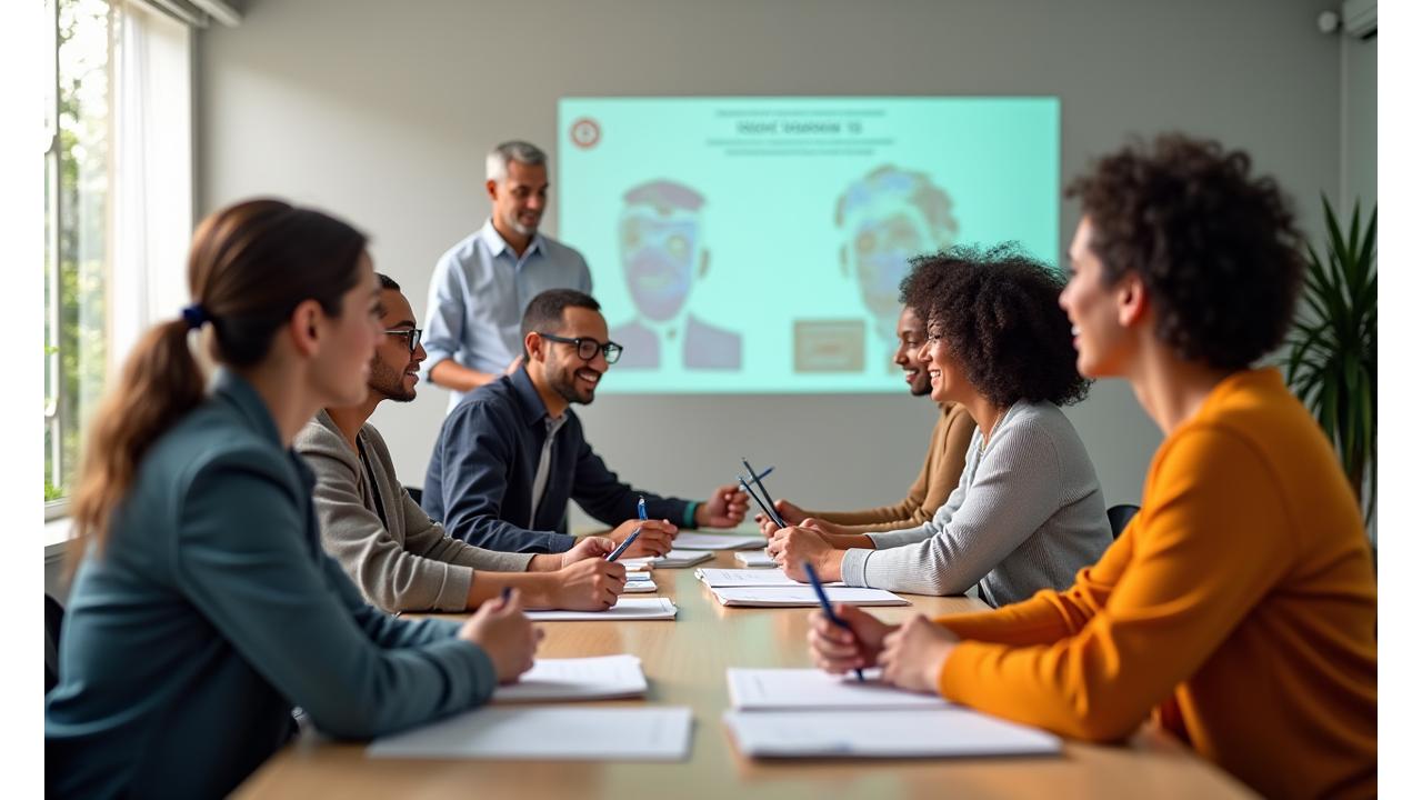 Group of adults engaged in a wellness workshop, discussing and taking notes, with an expert leading the session. The room is bright and natural-lit, showing collaboration and active learning.